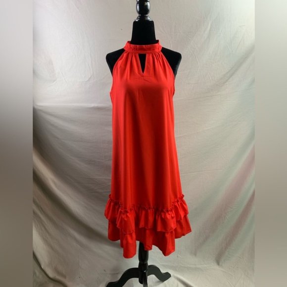 Red Layered Hem Halter Neck Dress - Picture 5 of 9